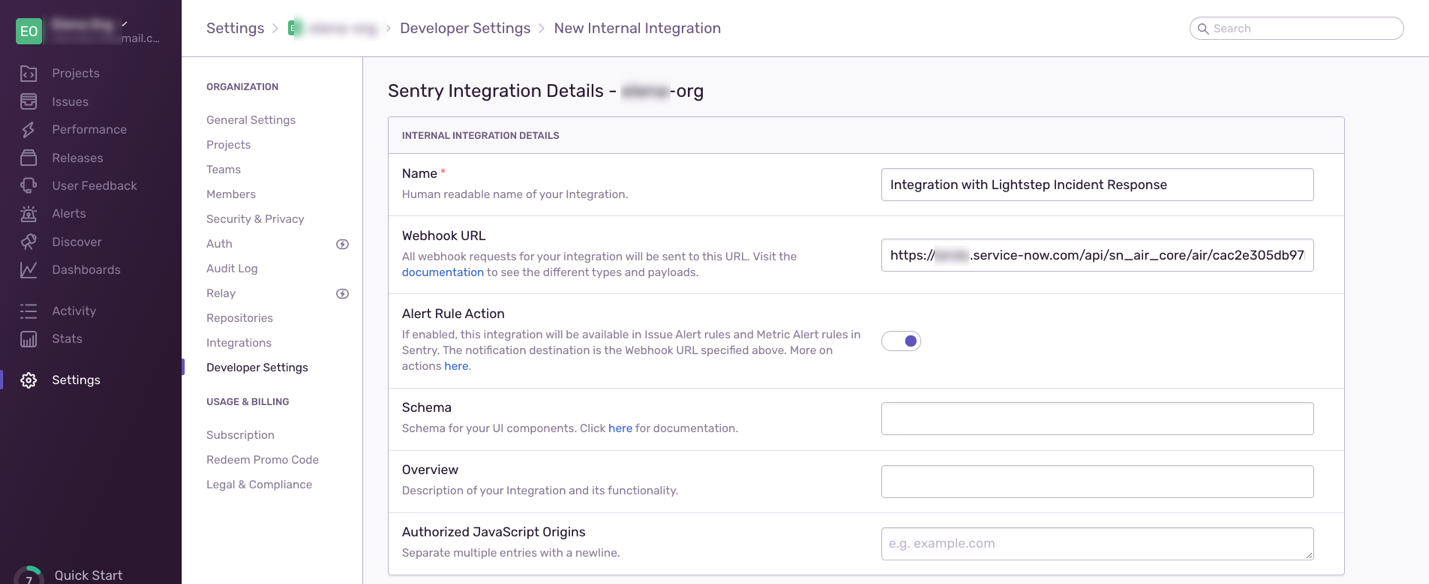 Sentry Integrations Details page.