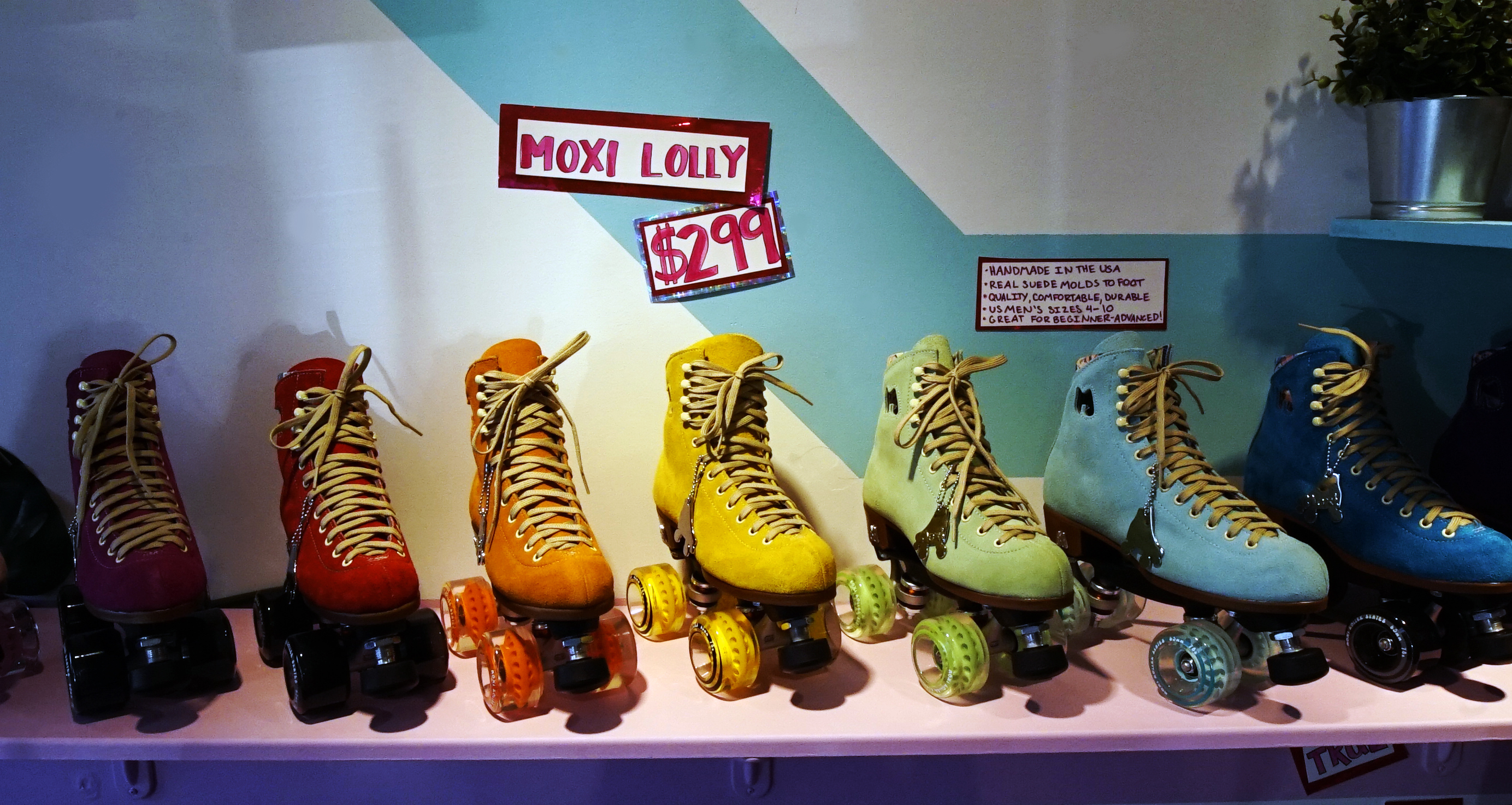colorful row of Moxi Lolly rollerskates