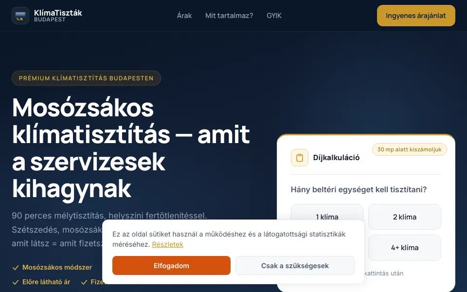 A KlímaTiszták production weboldalának főoldala kalkulátoros szolgáltatási folyamattal