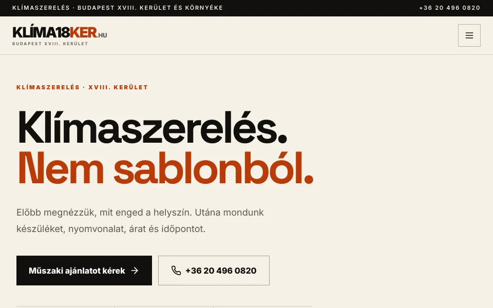 A Klima18ker éles weboldalának főoldala