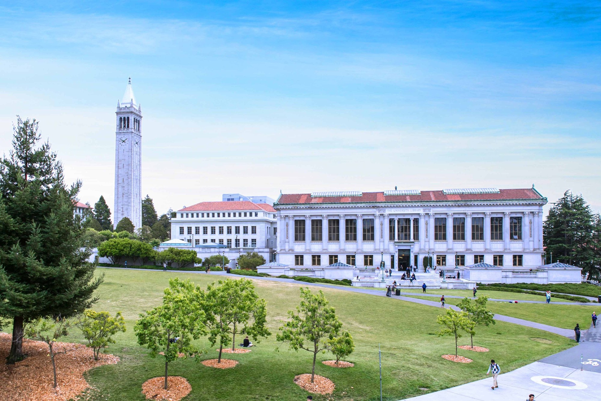 The Sather Clock Tower, or Campanile, rises above Memorial Glade at the UC Berkeley campus