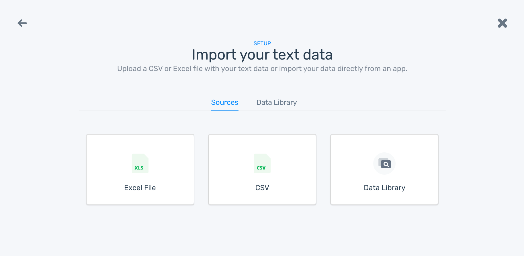 MonkeyLearn's model builder with the option to import your training data as an Excel file, CSV file, or using example training data from the data library