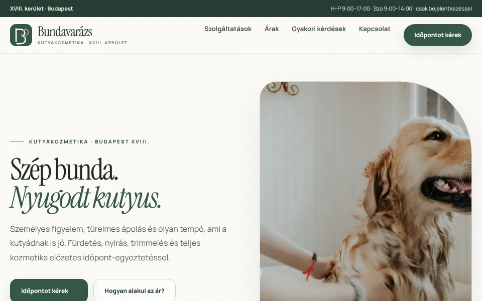 A Bundavarázs éles kutyakozmetikai weboldalának főoldala