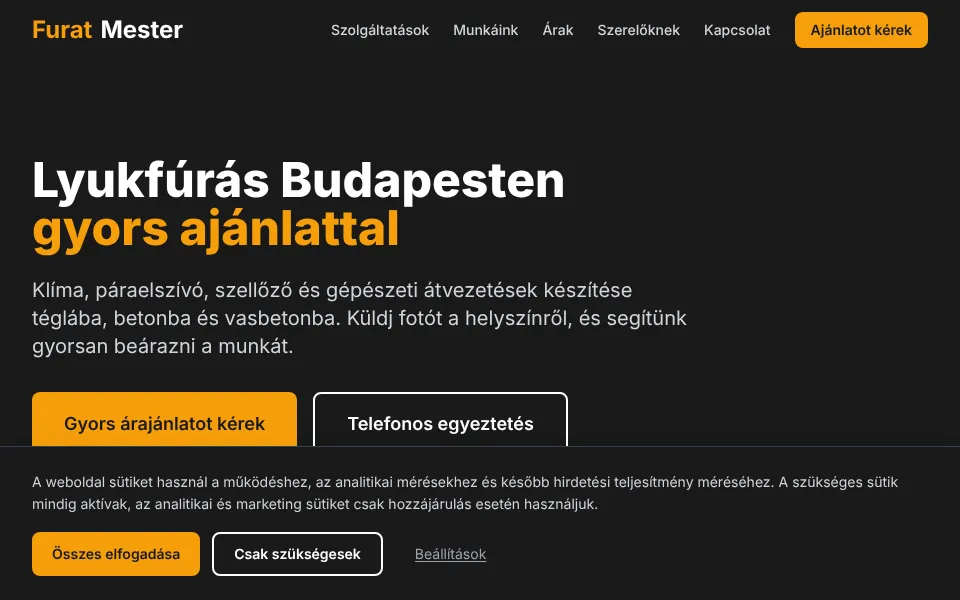 A FuratMester éles szolgáltatási weboldalának főoldala