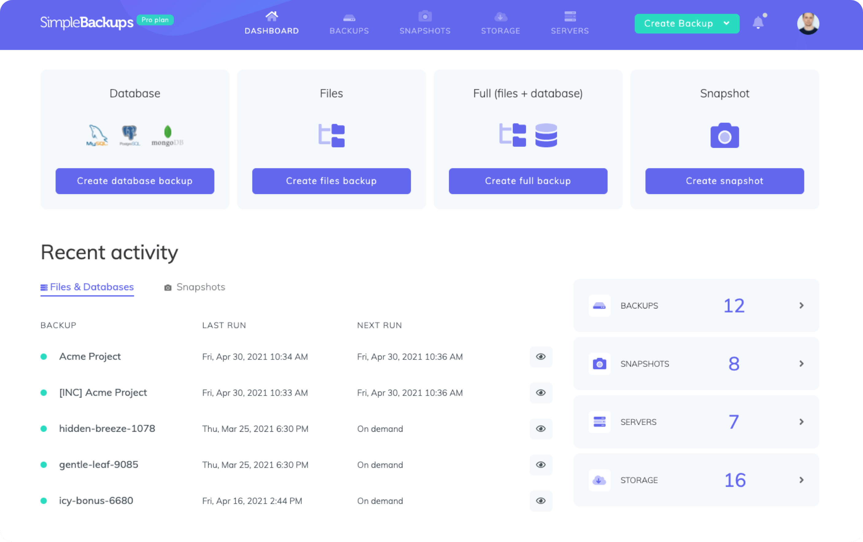 SimpleBackups dashboard, all your websites backups in one place