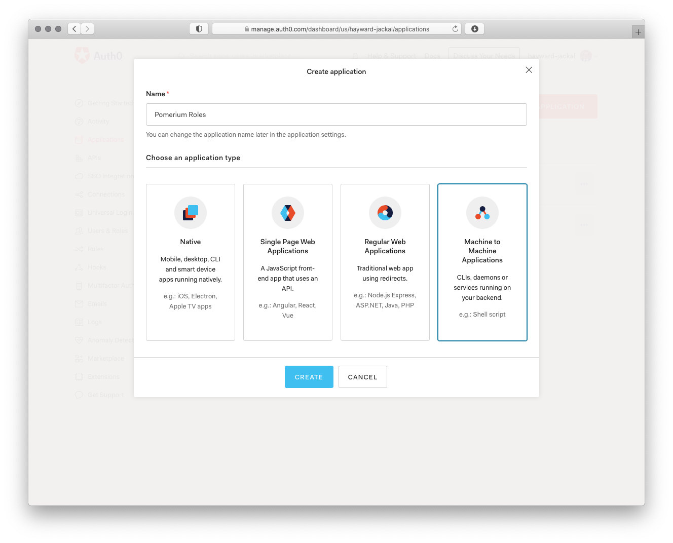 Auth Create Application Select Service Account Platform