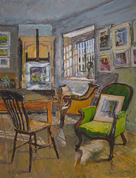 Studio Interior with Green Chair gouache painting