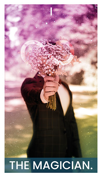 The Magician card. A man in a suit holds a bouquet of flowers. The symbol of infinity is among the flowers.