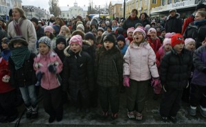 Swedish school children gather to sing songs on the 100th anniversary of Astrid Lindgren's birth in Vimmerby