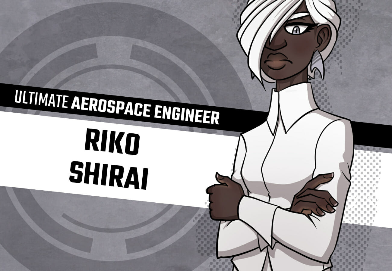 Introduction card for Riko Shirai, the Ultimate Aerospace Engineer. She's an incredibly tall girl with dark brown skin and short white hair covering one eye. She's wearing a stark white business suit that resembles a lab coat.