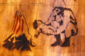 A stencil of an army officer throwing a baby in a fire, symbolizes the demise of future generations if the Supreme Council of the Armed Forces (SCAF) continues to rule Egypt. It's also a response to the propaganda banners widely circulated by the armed forces showing an army officer holding a baby accompained with a sentence reading, "The army and people are one hand." The stencil was created in July 2011.