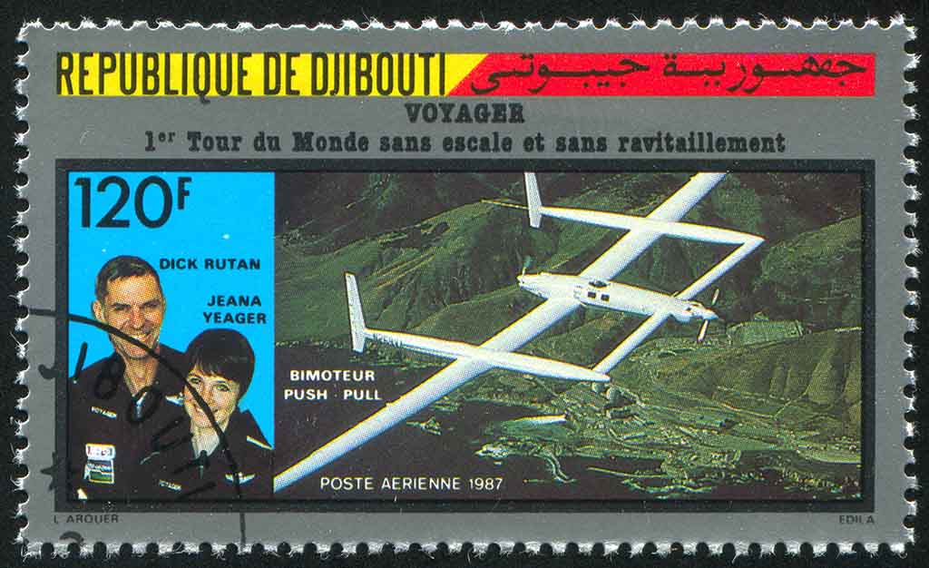 A canard wing plane the 'Voyager' flown by Richard Rutan and Jeana Yeager