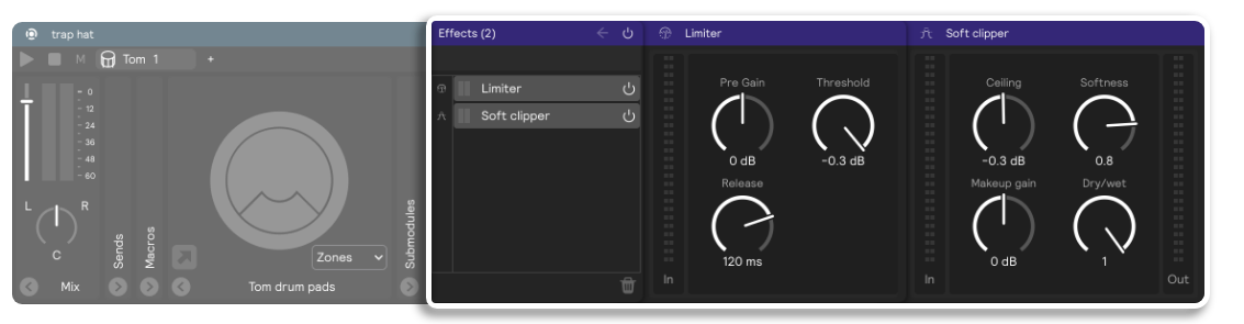A screenshot of the FX panel of a layer showing two FX: a Limiter and a soft clipper
