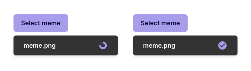 Two inputs type file with an element below, the item in the left is showing a loading indicator, the right one a completed sign