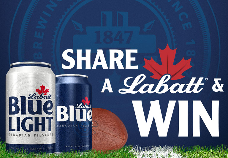 image: a can of labatt blue and labatt blue light are sitting next to a football on a grassy football field against a blue background. Text reads: Share a Labatt and Win a Labatt Football Prize Pack