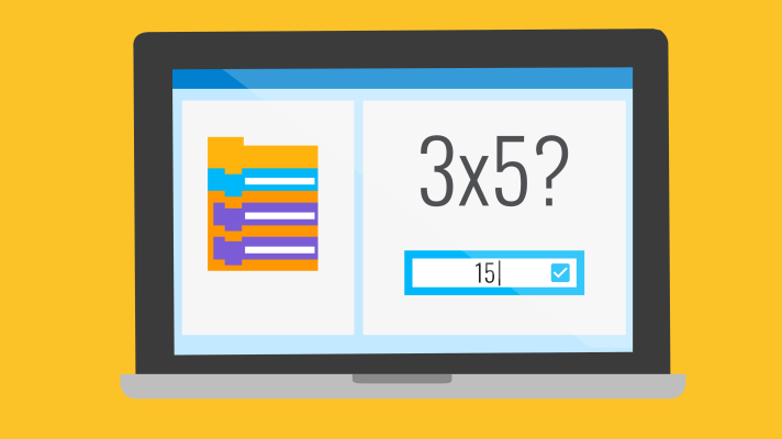 Illustration of a computer screen with a simplified version of the Scratch editor. The left side displays nondescript Scratch blocks and the right side displays a math game with “3 x 5?” with the answer “15” typed in a box as if to answer the question.