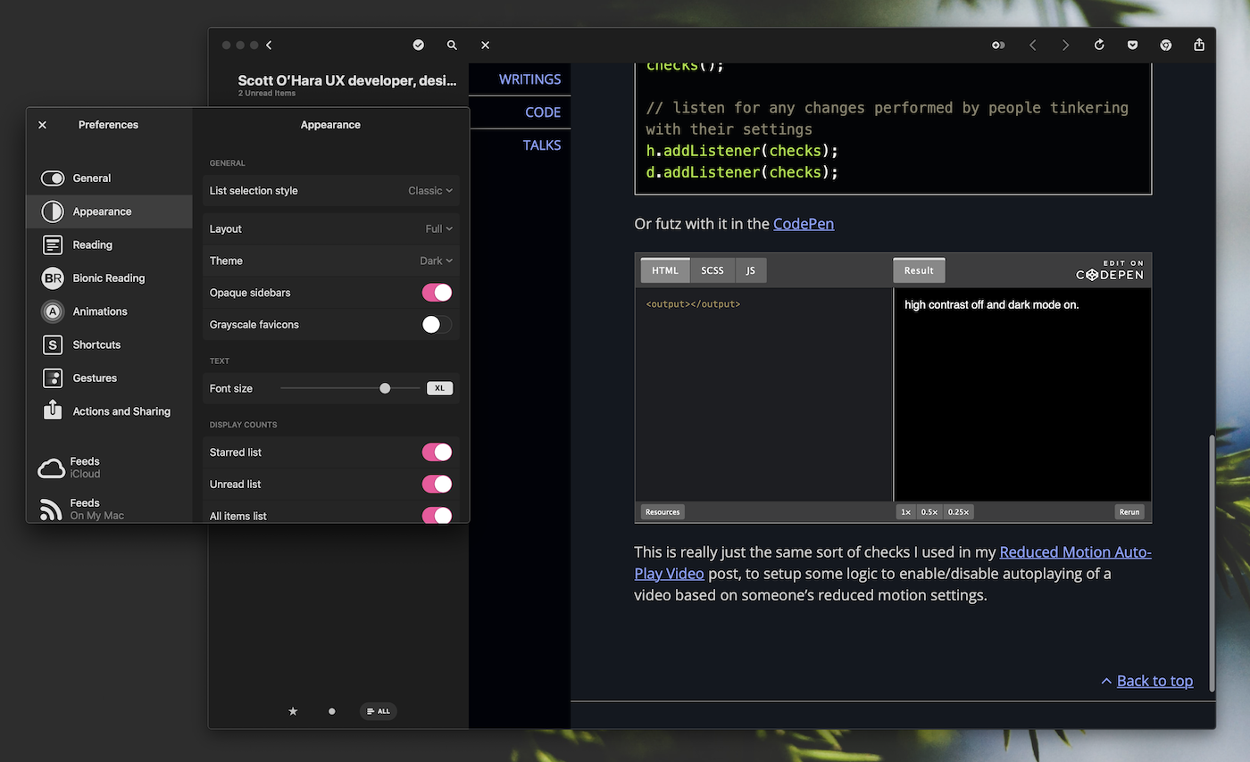 Screenshot of Scott’s article opened in Reeder’s in-app browser. The codepen result says 'high contrast off and dark mode on'. To the left of the image is Reeder’s preferences pane open, showing the current theme set to 'Dark'