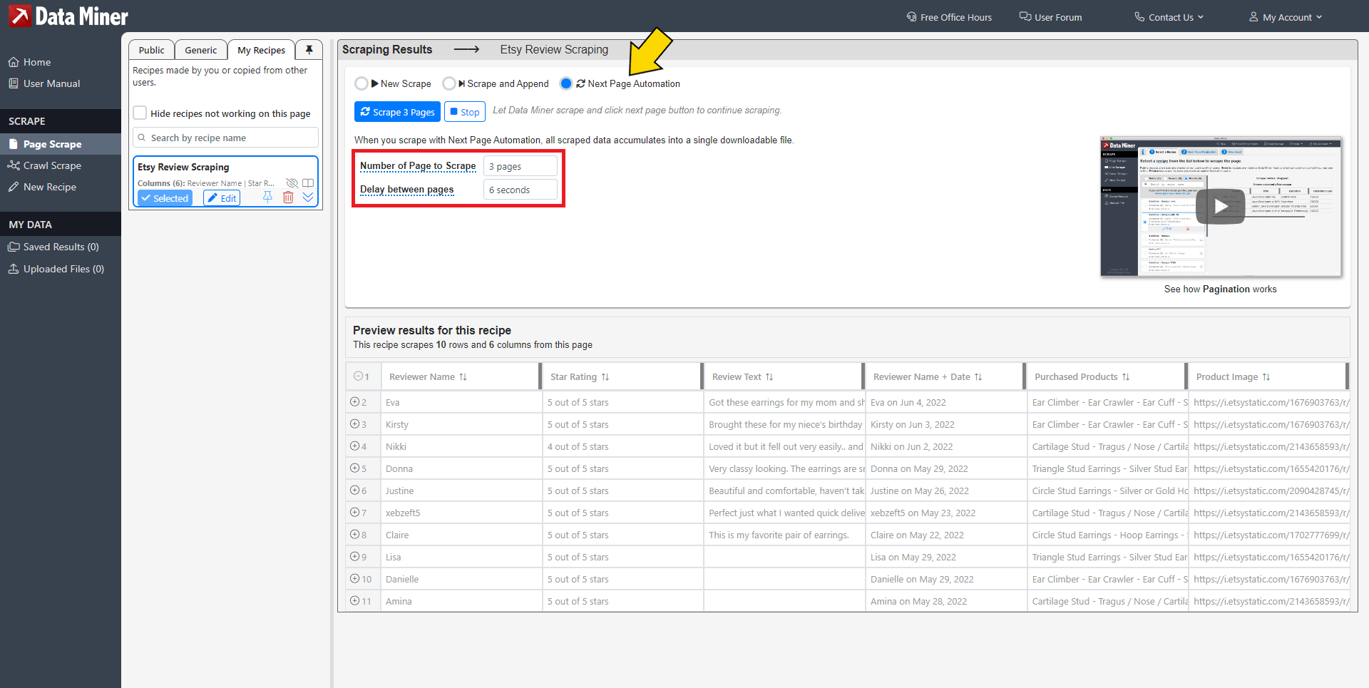 Screenshot of Data Miner scraping tool with yellow arrow pointing to next page automation