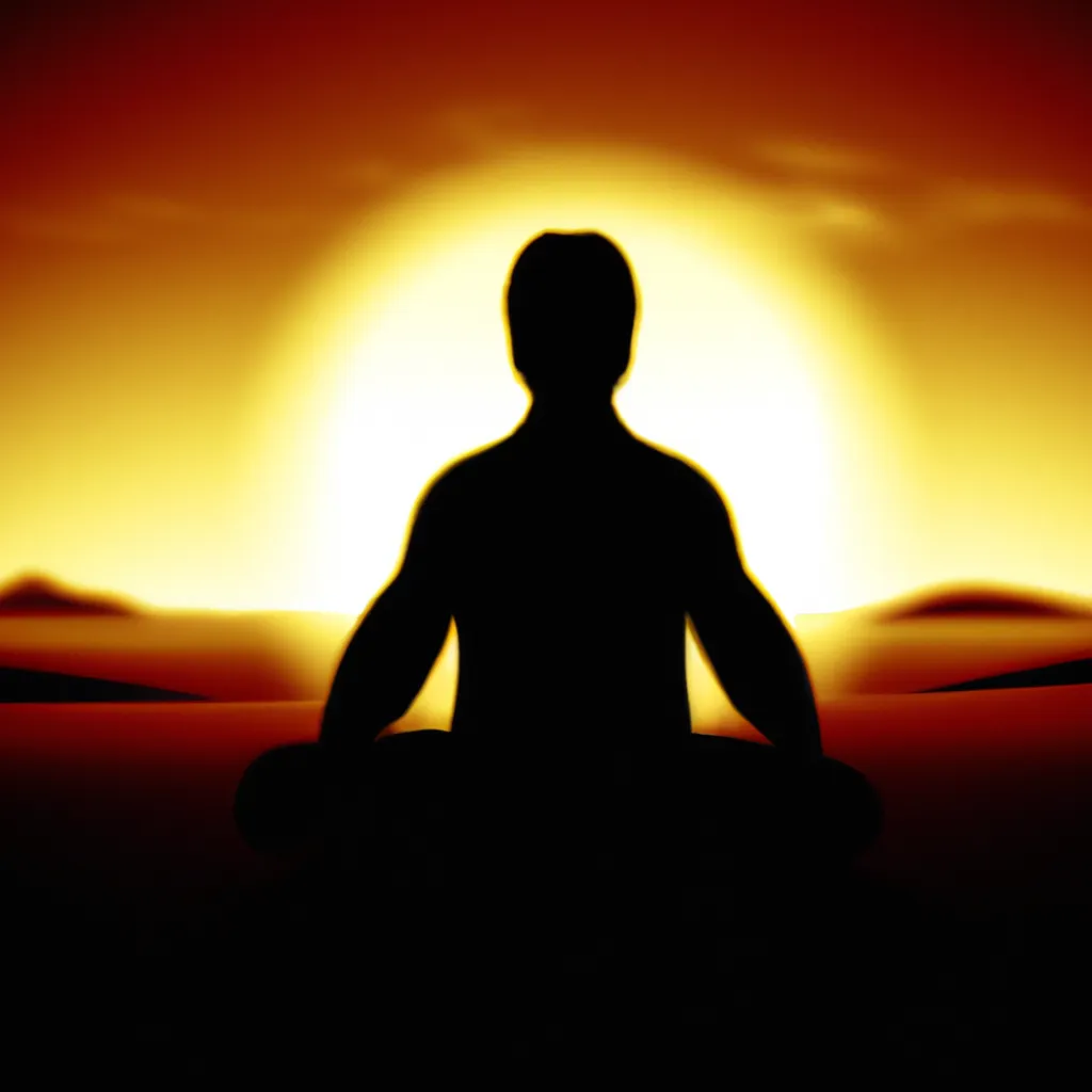 An image of a person meditating in front of a bright light or a sunrise/sunset, symbolizing spiritual awakening and enlightenment.