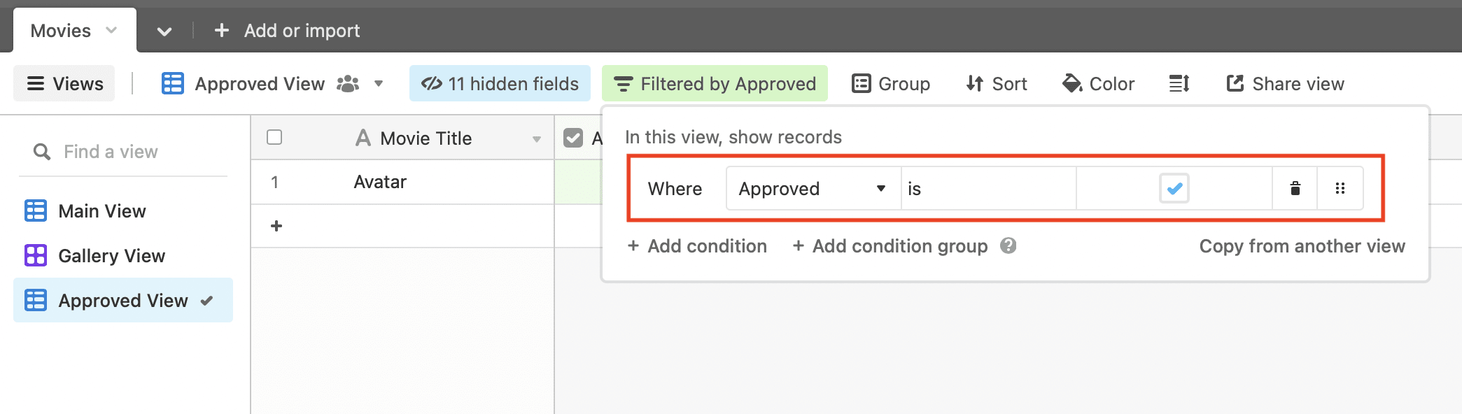 Screenshot of Airtable approved view with filter condition outlined in red