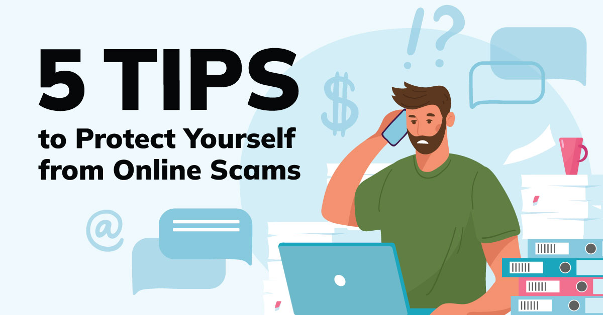 Illustrated graphic of a man at a laptop looking overwhelmed by online scams.