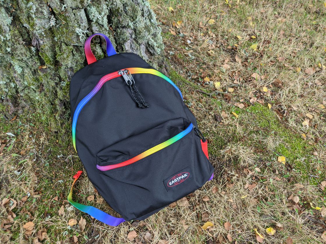 Black backpack with rainbow colored zipper traces. The backpack leans against a tree.