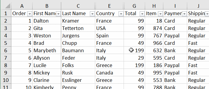 a table with filtered rows in excel
