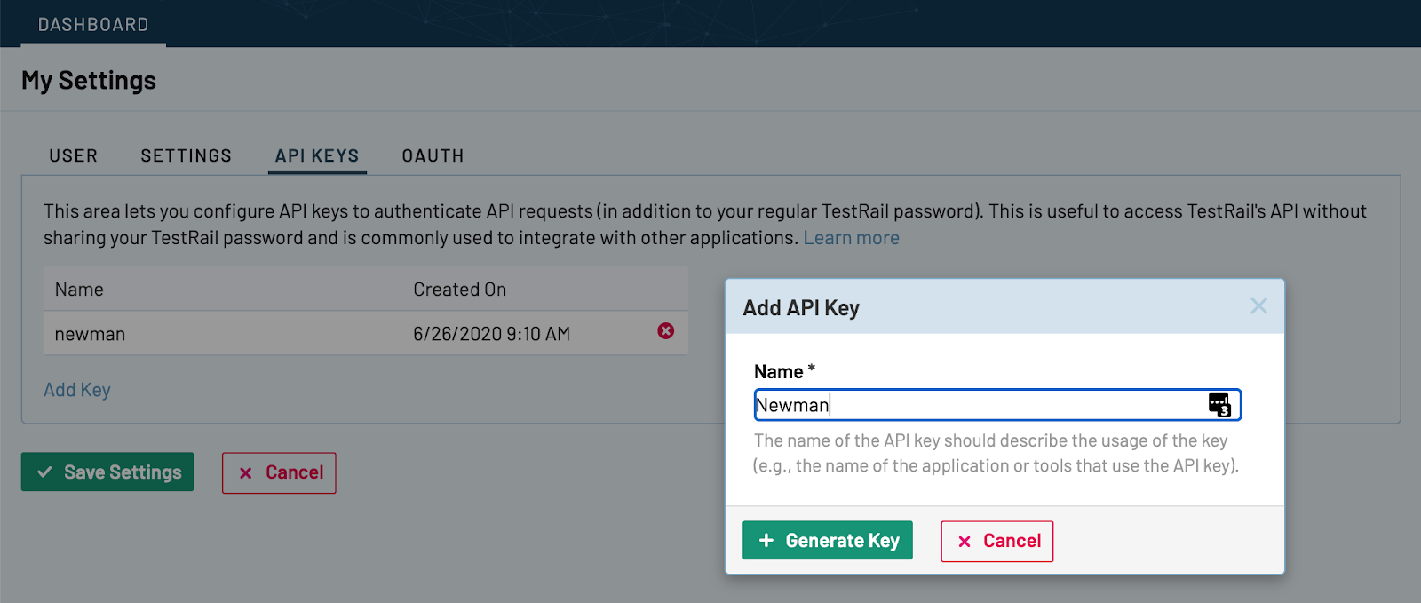 Setting an API Key in TestRail's Administration