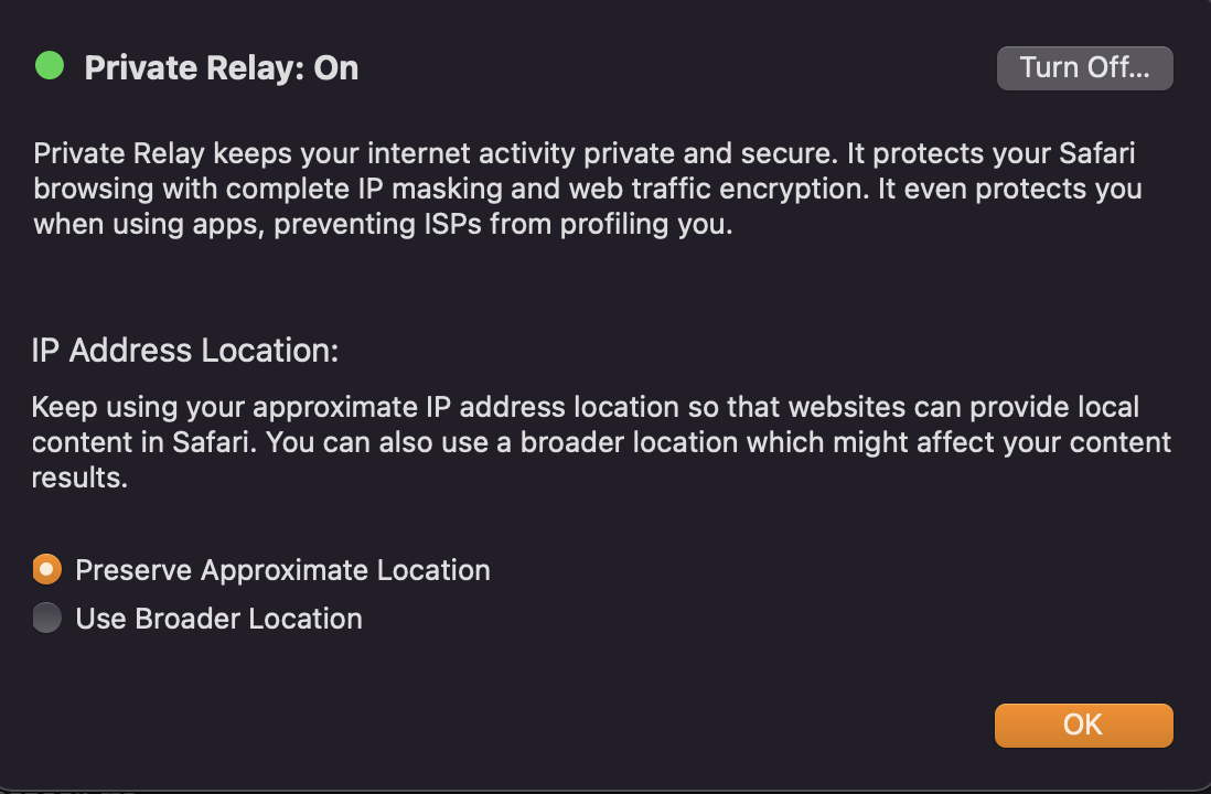 Settings Private Relay