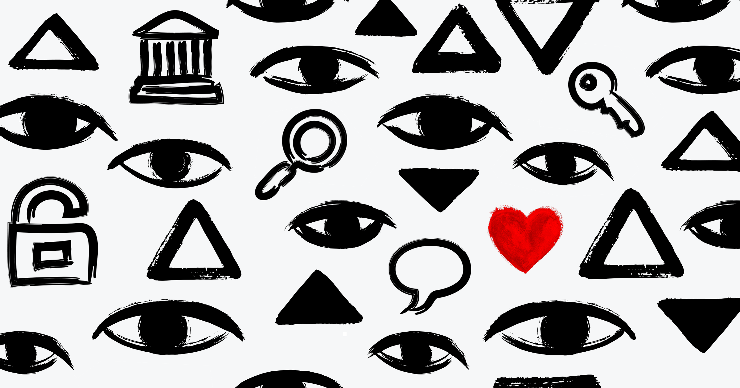 A collage of black-and-white eyes, triangles, magnifying glasses, and keys, with one bright red heart in the lower left-hand corner.