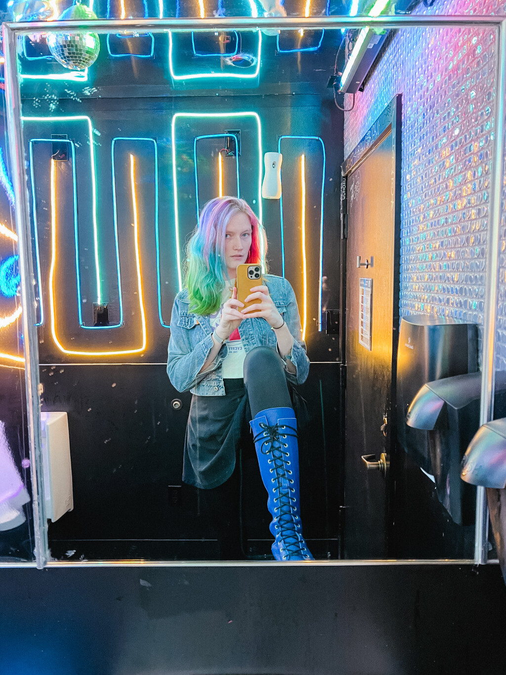 The boots steal the show - knee high blue boots, bathroom mirror selfie, black skirt, cropped denim jacket