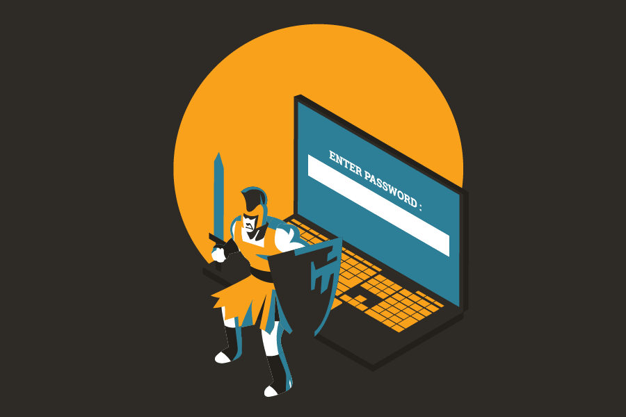 Roman soldier defending a laptop to illustrate security from a managed IT services company in San Marcos TX