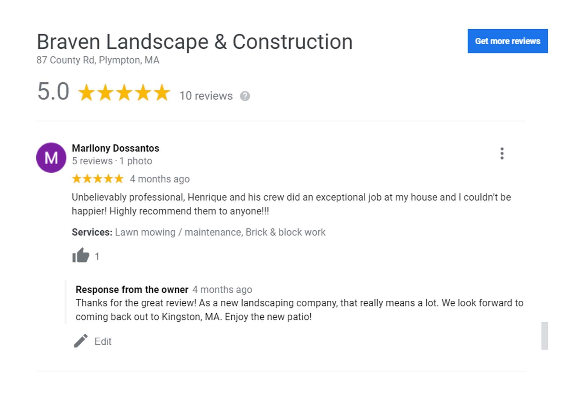 5-star landscaping review on Google for Braven Landscape & Construction
