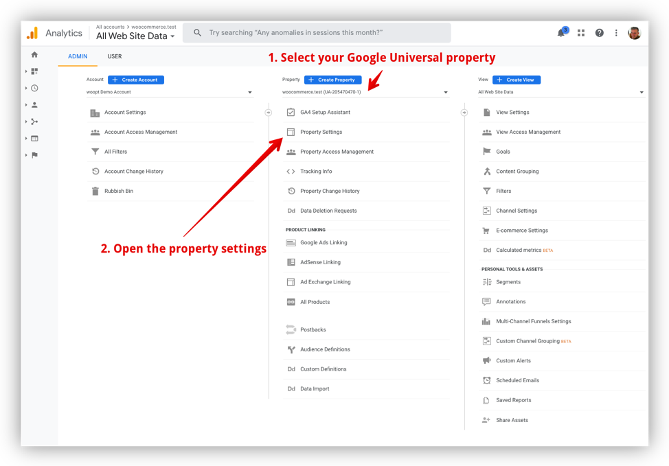 Open the property settings in Google Analytics