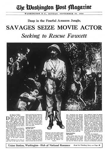 A news story about Albert de Winton, the Hollywood actor who, in 1933, had vowed to find Fawcett dead or alive. Credit: From “Deep in the Fearful Amazon Jungle, Savages Seize Movie Actor Seeking to Rescue Fawcett,” Washington Post, Sept. 30, 1934