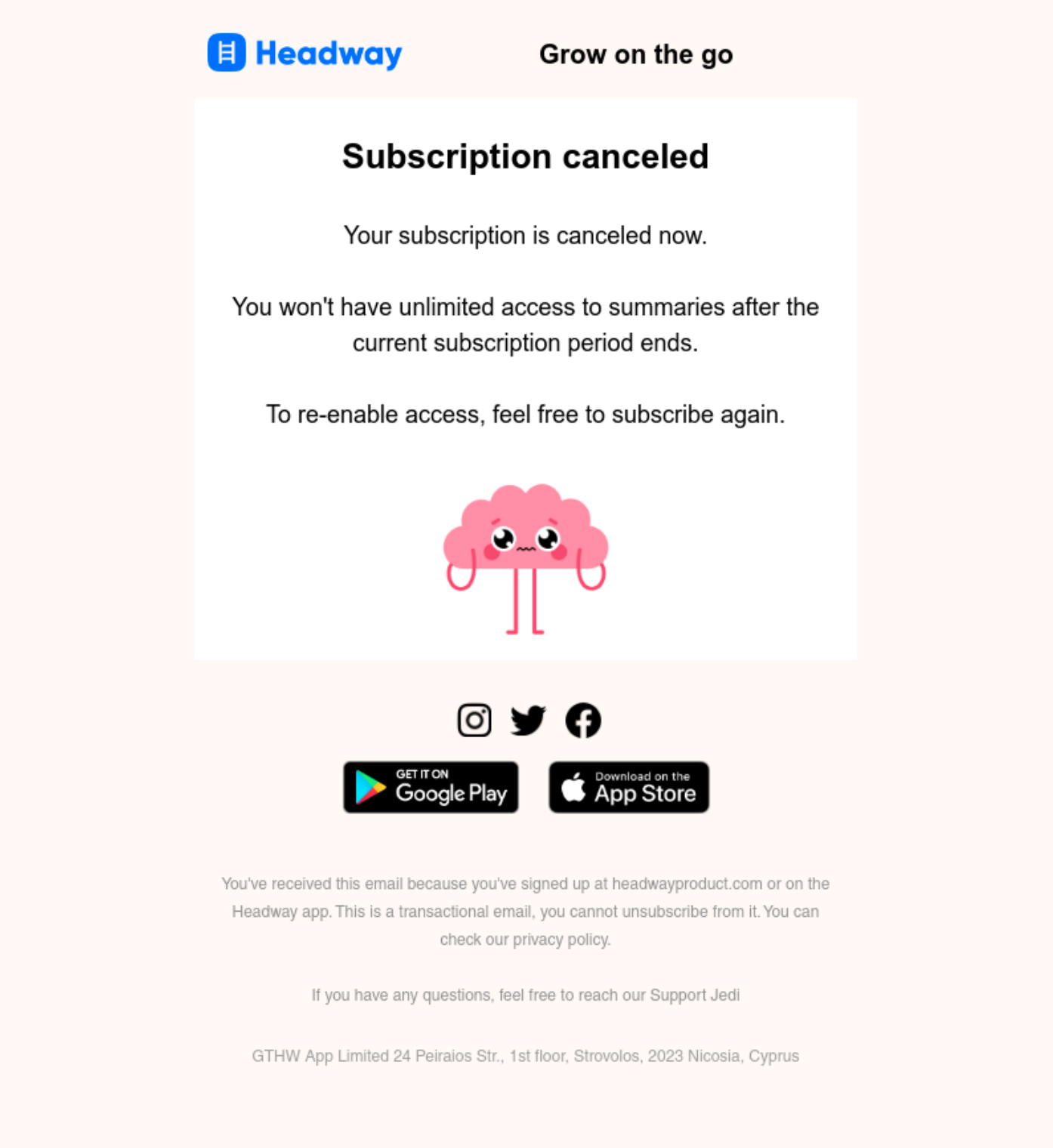 SaaS Cancellation Emails: Screenshot of Headway's cancellation email