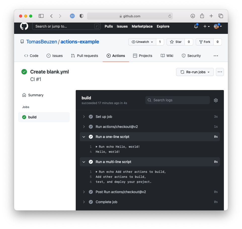 The logs of our first GitHub Actions workflow.