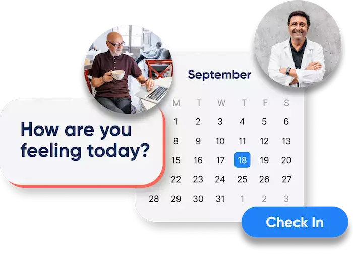 Patient looking at computer to schedule a visit with a doctor. Patient sees a simulated check-in with a
          calendar with Check-in button.