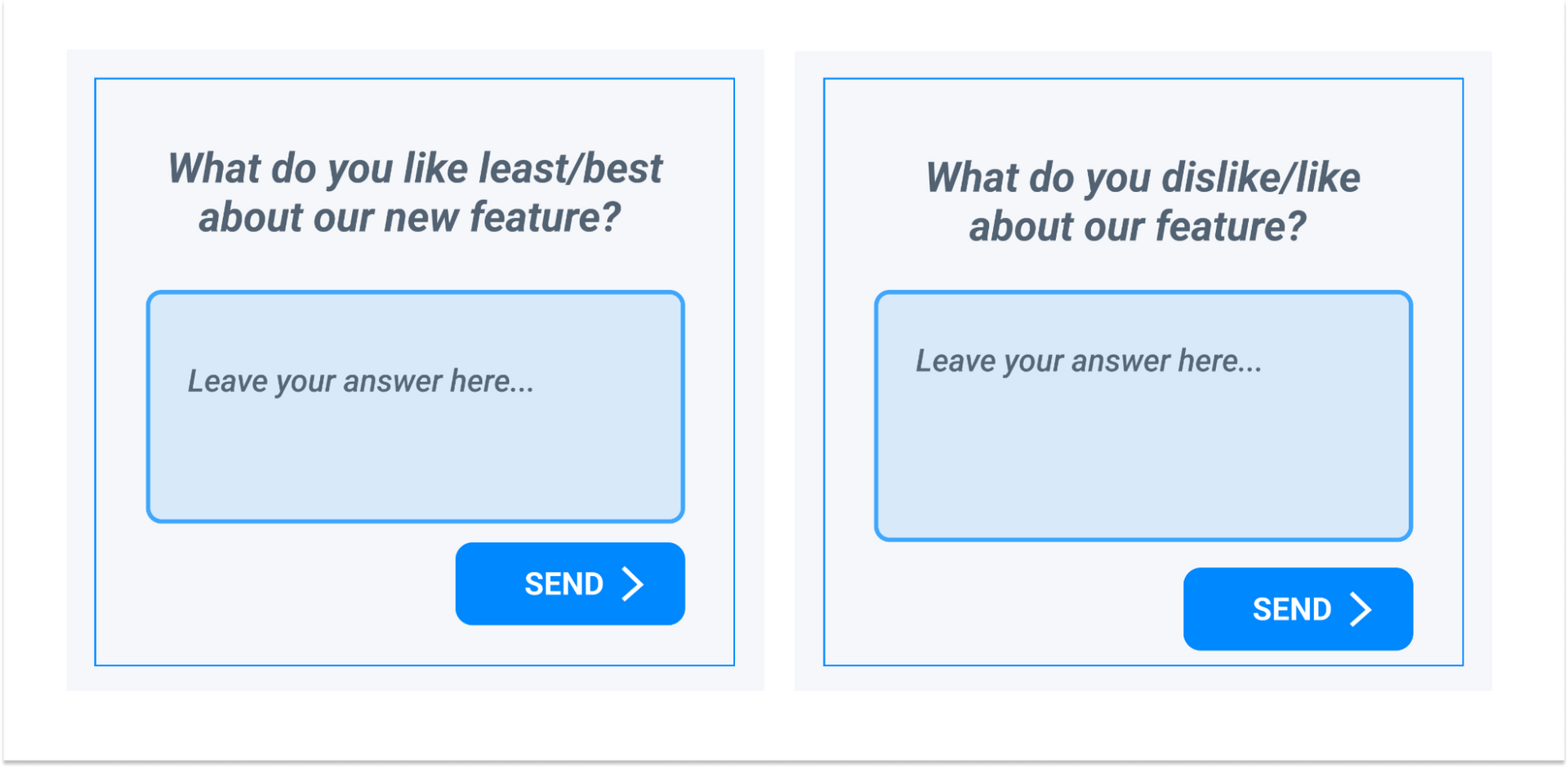 Polar question examples: What do you like the least/best about our new feature? 
What do you dislike/like about our feature?