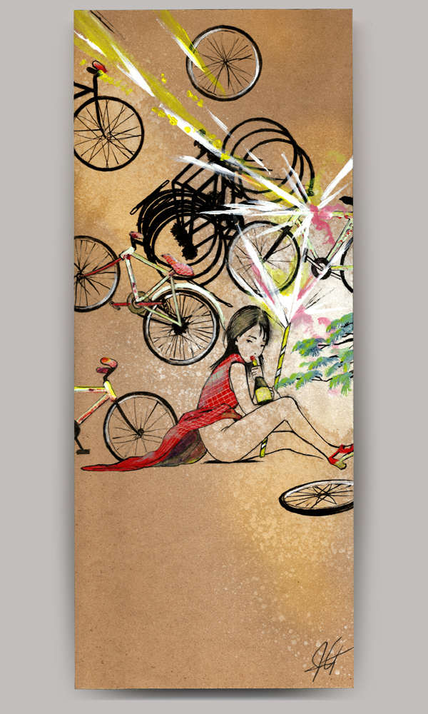 An acrylic painting on wood panel, titled 'Beijing Bicycle', of a young woman sitting on the ground with her legs out wearing a red qipao dress. She is holding an expensive bottle of wine and an active roman candle, all while a dozen bicycles float overhead.