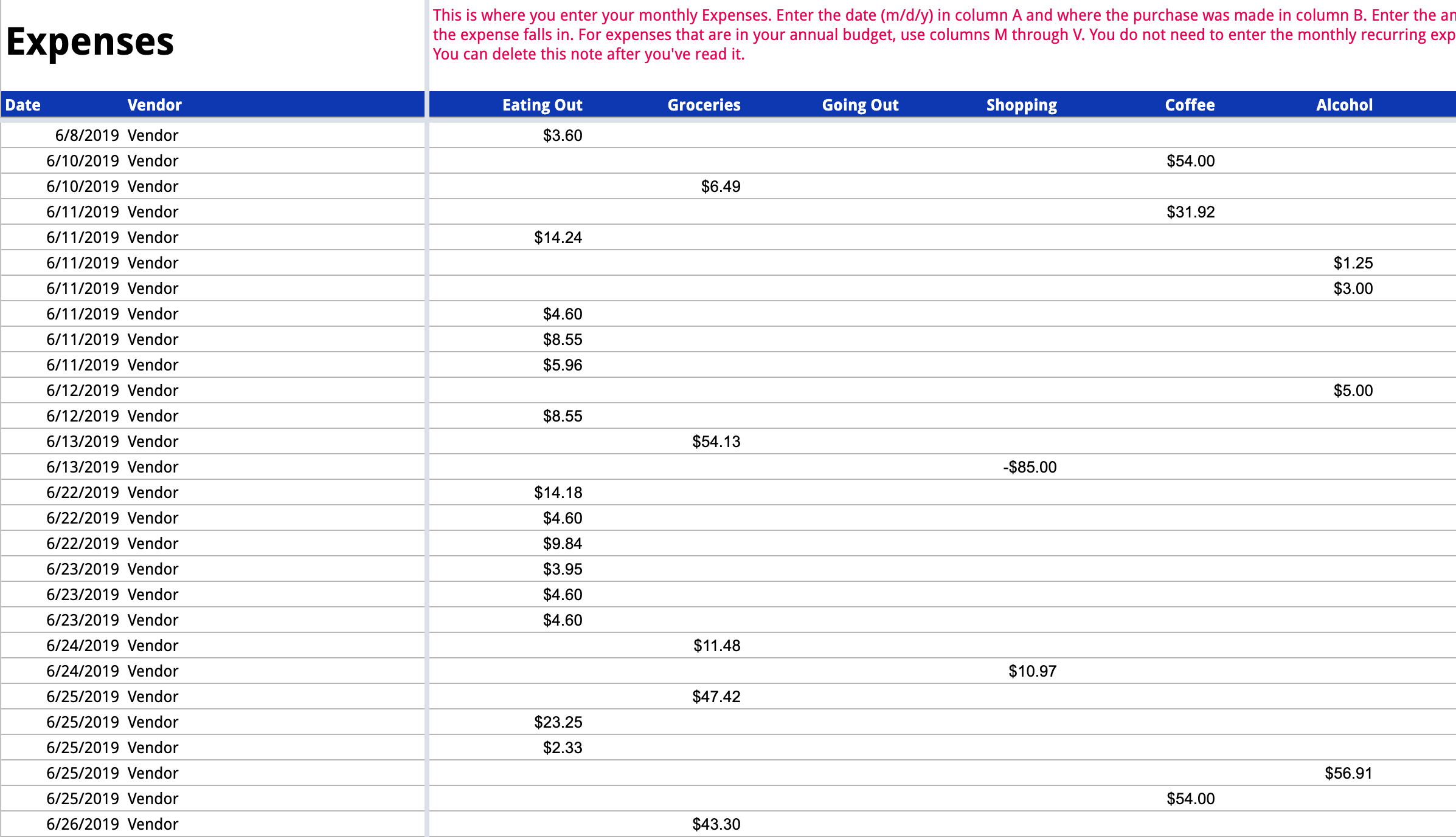 Example of the Expenses tab with sample data