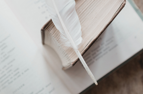 A quill resting on a poetry book.