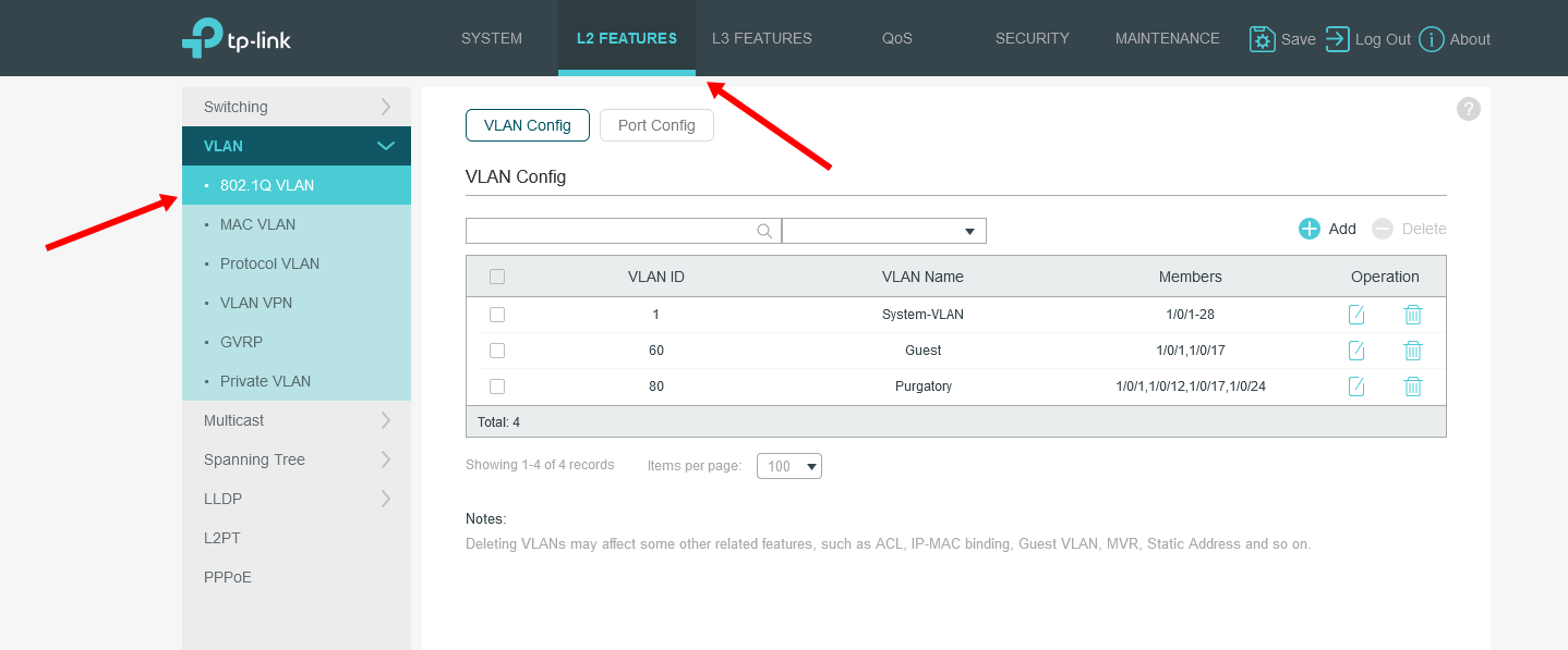 Screenshot of VLAN settings on a TP-Link web interface