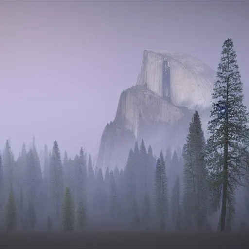 A foggy National Geographic photograph of Yosemite mountain scenery full of trees, forest, photorealistic, warm, summer