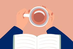 Top view female counselor hands holding a Cup of coffee or tea and an open book is on hands. Cozy autumn concept in flat cartoon style.