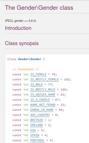 A screenshot of a the PHP Gender class, which contains constants such as "IS_FEMALE", "IS_MALE", "IS_MOSTLY" variants of the previous both, "IS_UNISEX_NAME", "IS_A_COUPLE", "NAME_NOT_FOUND", "ERROR_IN_NAME", "ANY_COUNTRY" and various country names. The list of countries is cut off.