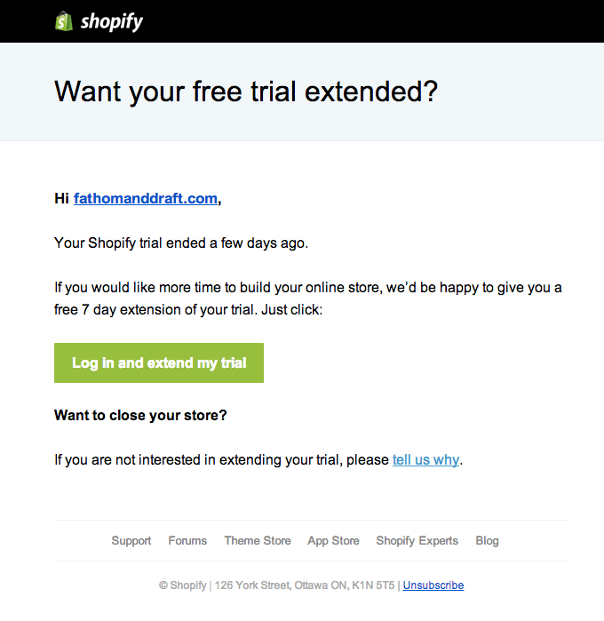 SaaS Trial Expiration Emails: Screenshot of trial expiration email from Shopify