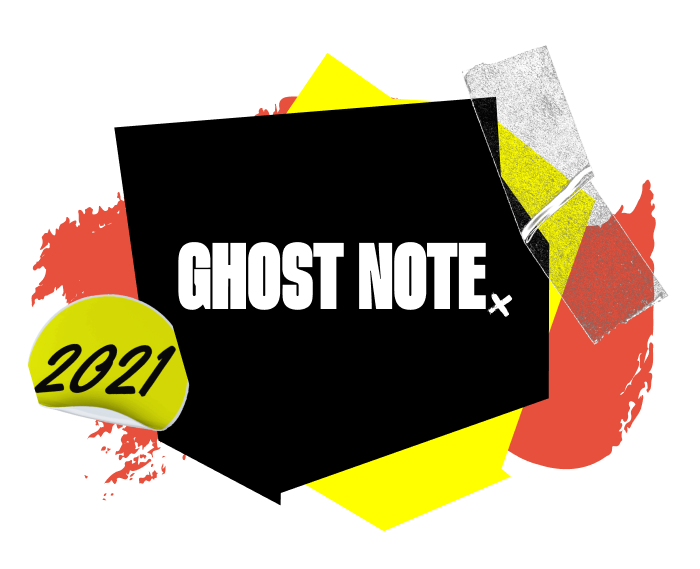 Collage made up of yellow and red abstract shapes, transparent tape and a sticker that says 2019, flanking a black abstract shape with the Ghost Note Agency logo.