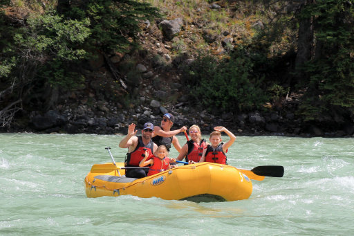 Pyramid Mountain in the background of a raft at the Mile 5 put-in location