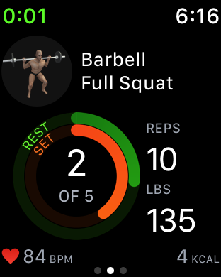 ONE: Home screen on Apple Watch. TWO: Looping video of exercise on swipe right. THREE: Music controls on swipe left.